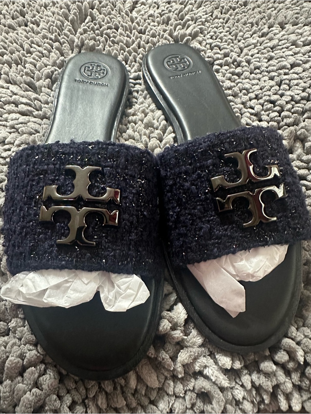 Tory Burch Navy Tweed Logo Slide Sandals